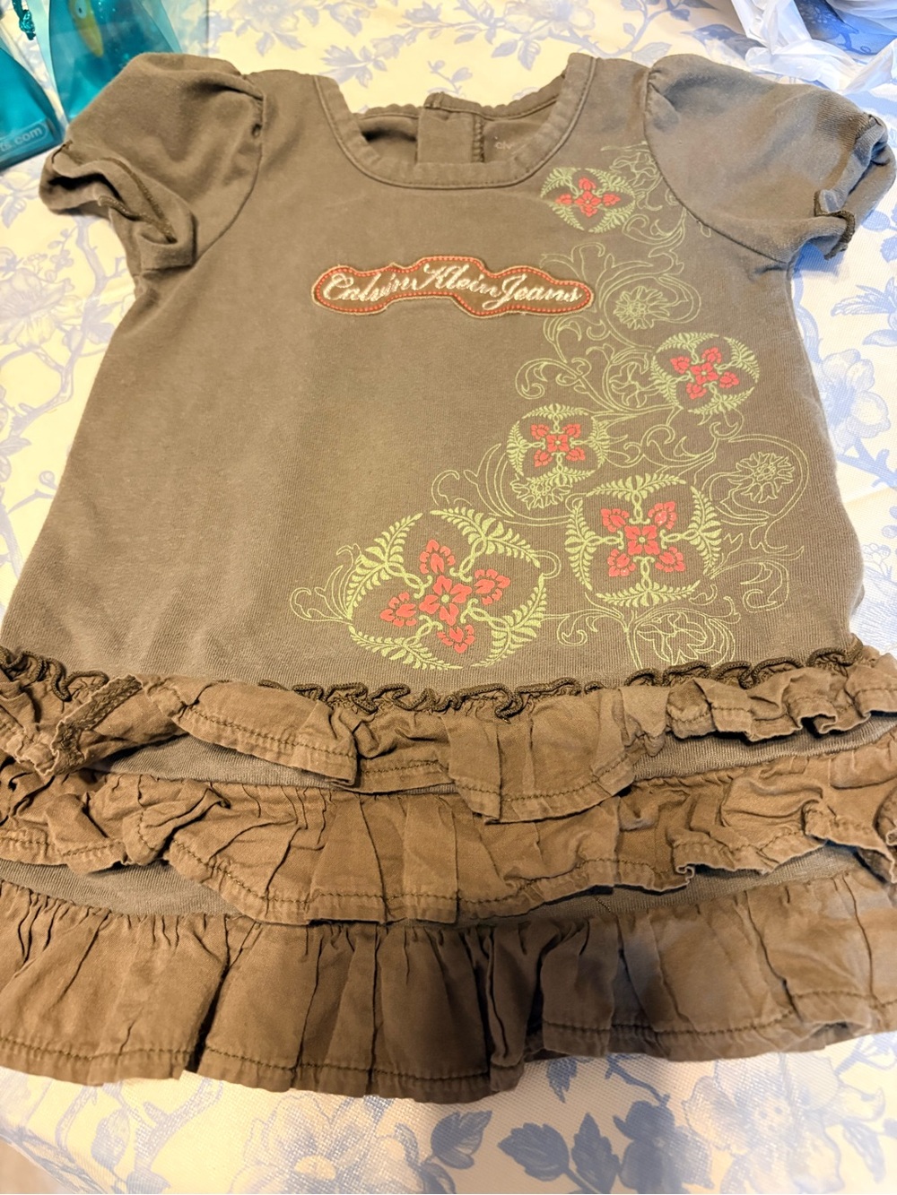 Calvin Klein Jeans Brown Ruffle Floral Short Sleeve Tee